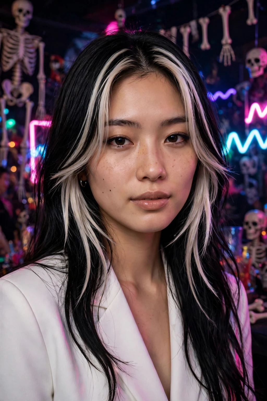 Young woman with skeleton face-framing layers and a white blazer at a skeleton-themed party.