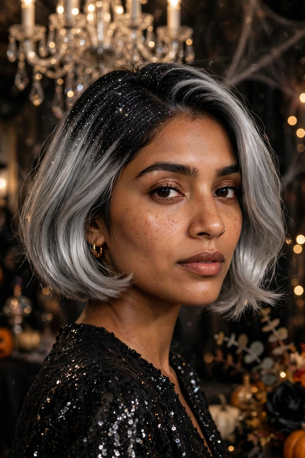 Young woman with a short silver bob with black glitter roots, wearing a black sequin top at a glamorous Halloween party.