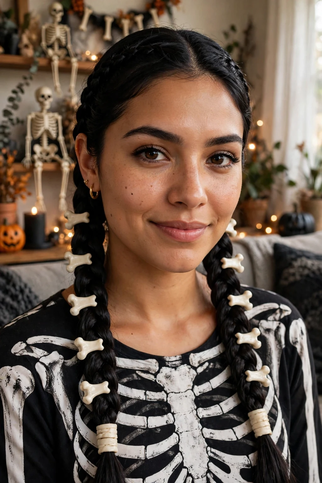 Young woman with skeleton-part braids featuring a stark center part and bone-white braid cuffs.