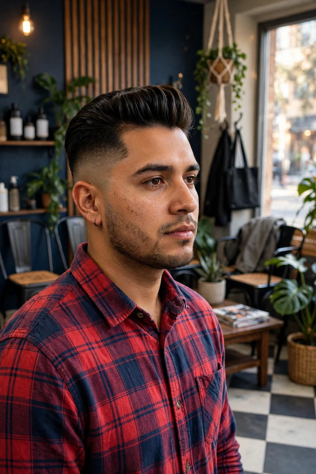 Man in his late 20s with a skin fade pompadour haircut, wearing a plaid shirt in a barbershop waiting area.
