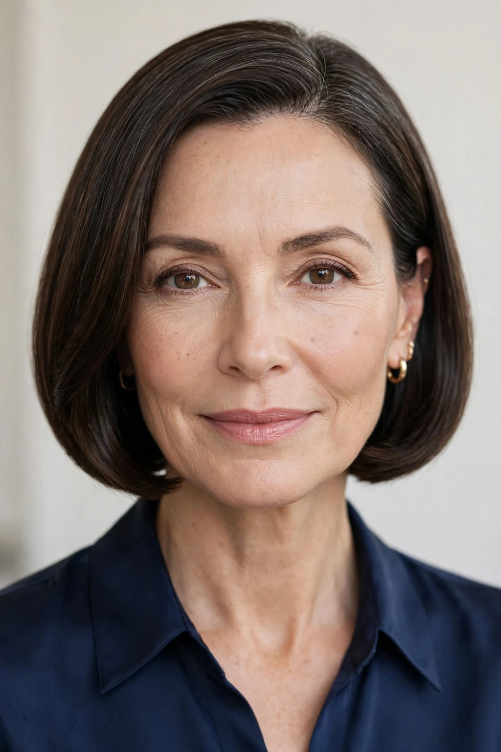 Elegant woman over 50 with sleek bob, polished smooth finish, refined light.