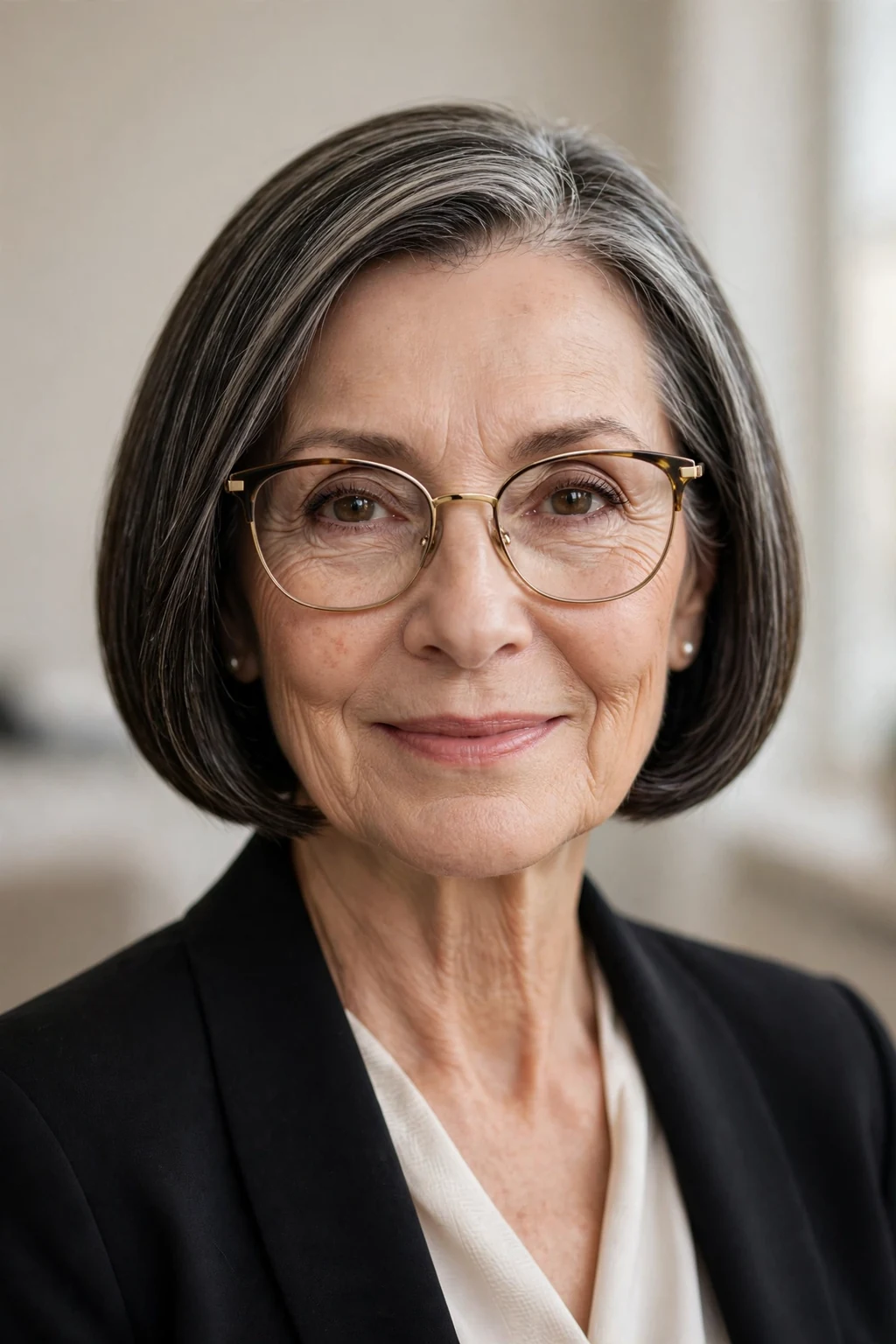 Elegant woman over 60 with glasses and sleek bob, polished smooth finish, refined light.