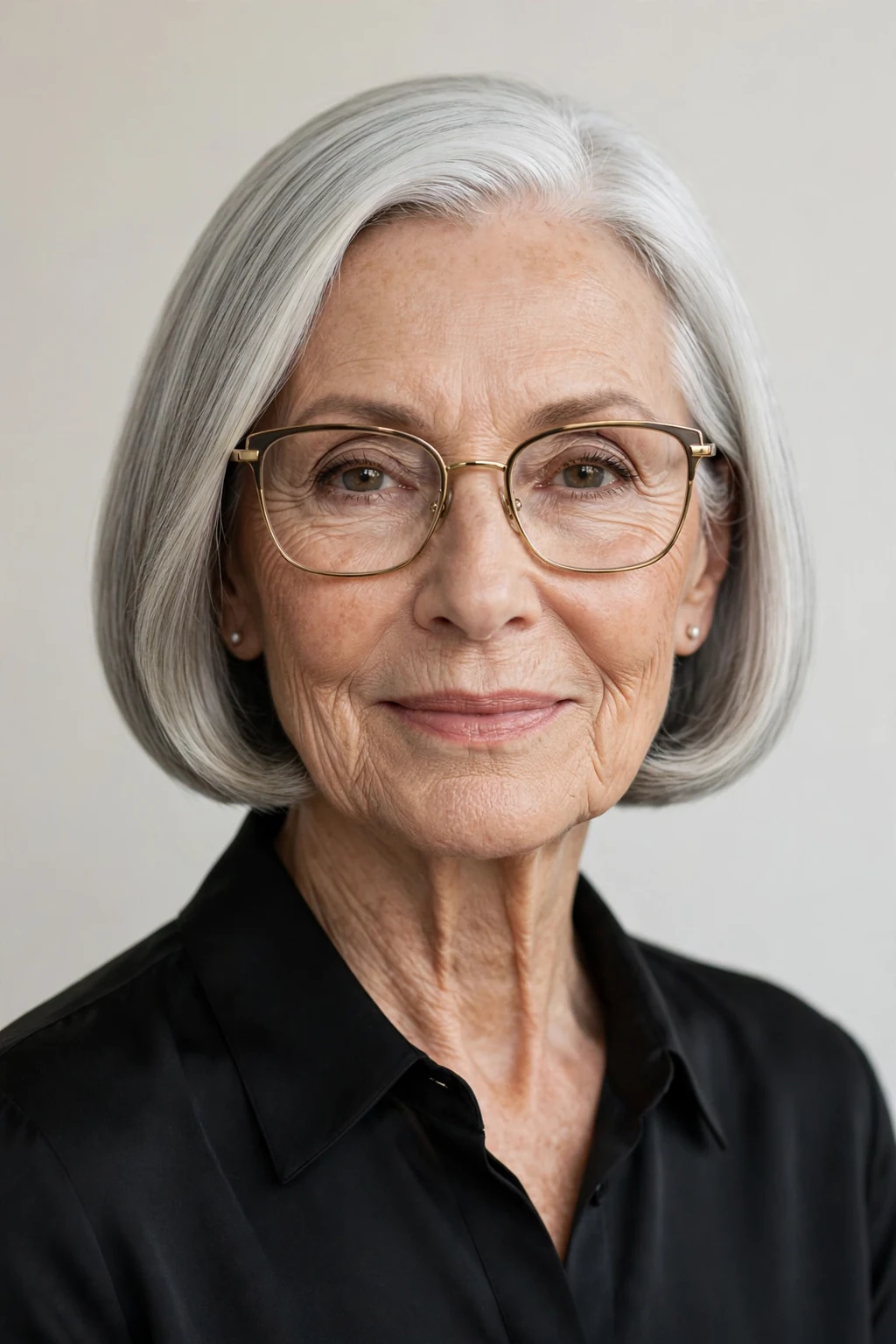 Elegant woman over 70 with glasses and sleek bob, polished smooth finish, refined light.