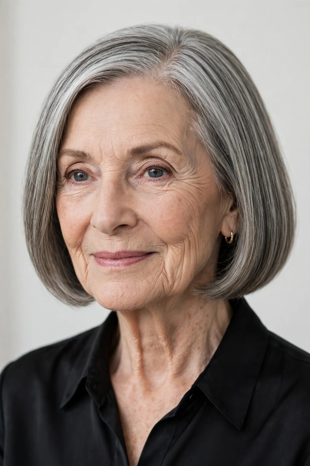Elegant woman over 70 with sleek bob, polished smooth finish, refined light.