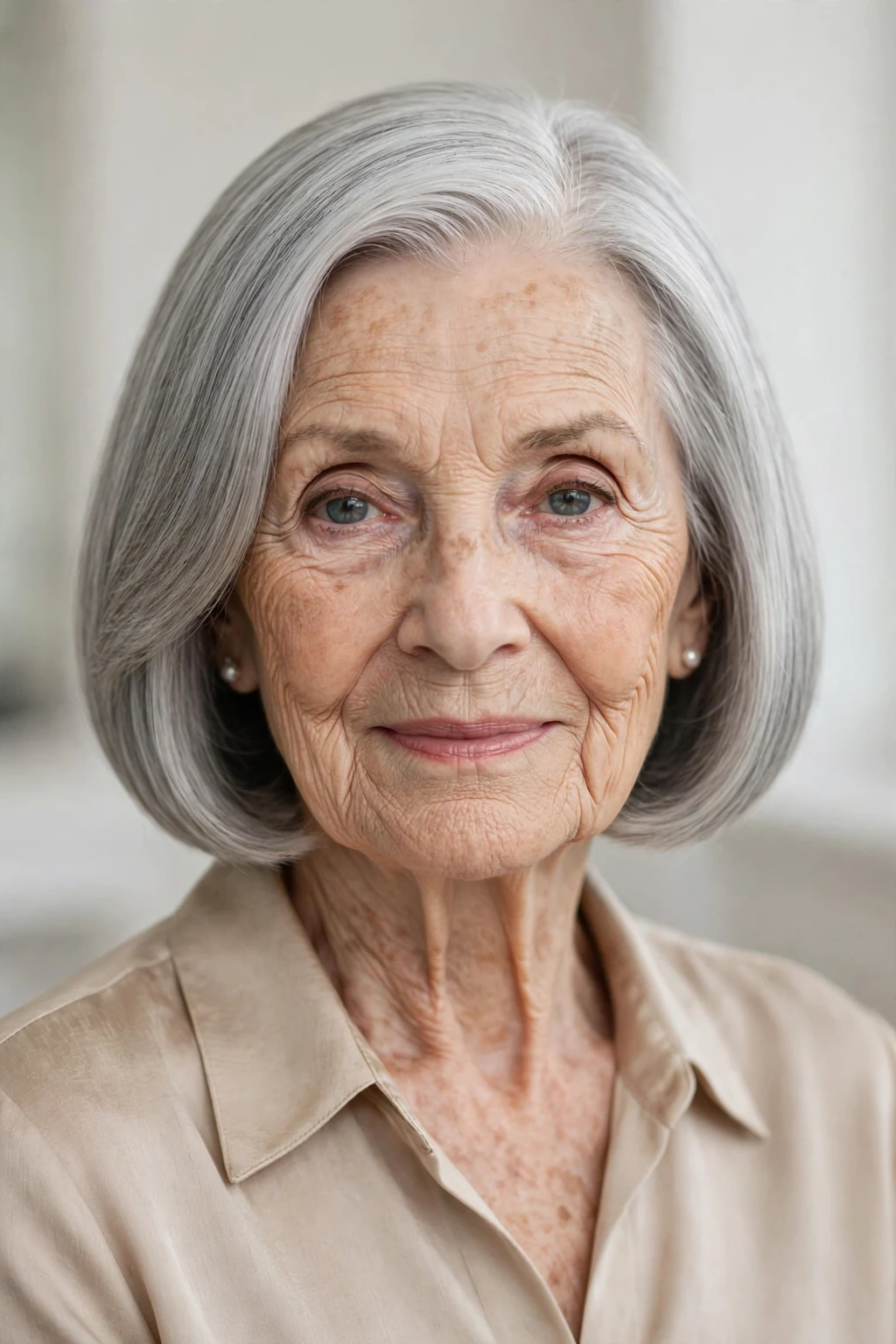 Elegant woman over 80 with sleek bob, polished smooth finish, refined light.