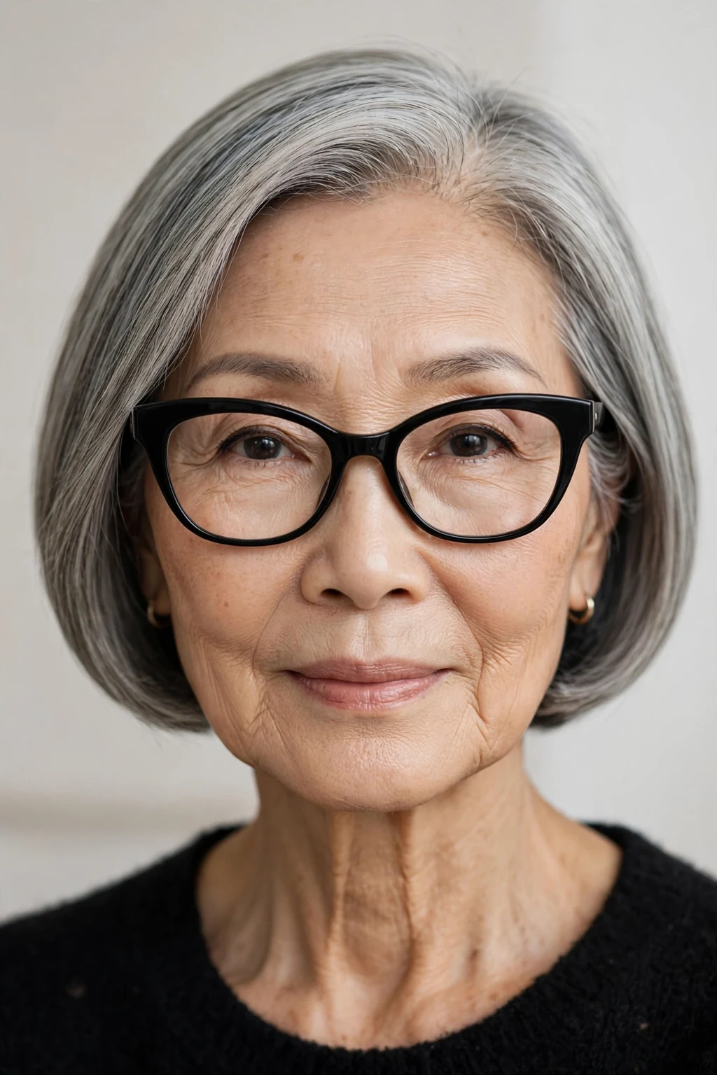 Elegant woman over 50 with fine hair and glasses and sleek bob, polished smooth finish, refined light.