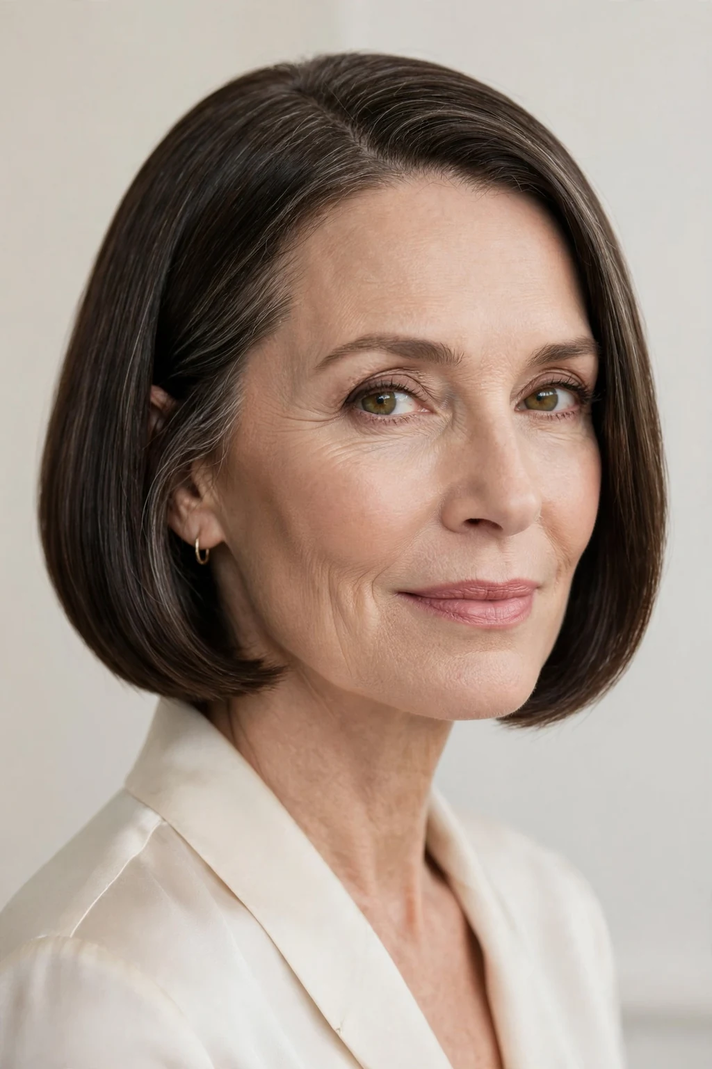 Elegant woman over 50 with sleek bob, polished smooth finish, refined light.