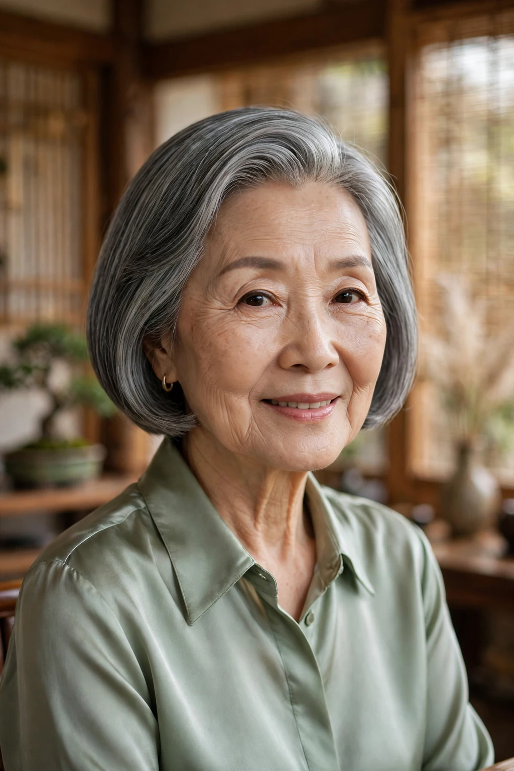 Beautiful older woman with sleek bob wash-and-wear, polished sleek bob, elegant light.