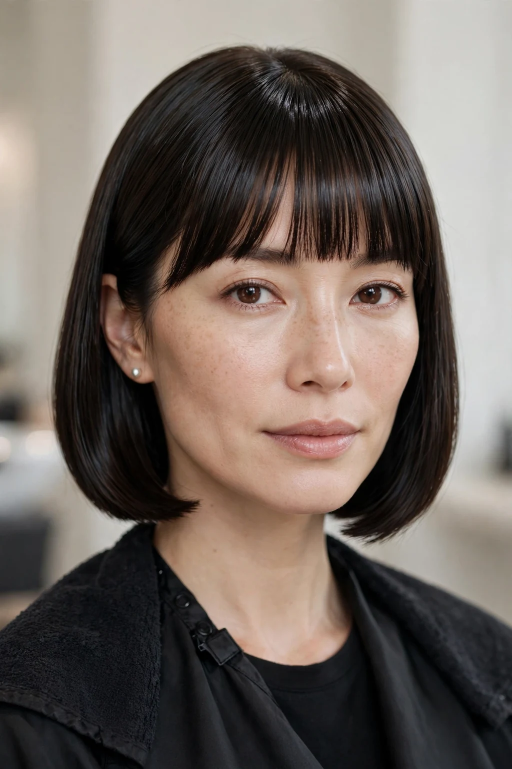 Woman with sleek bob and bangs, polished glossy finish, elegant refined light.