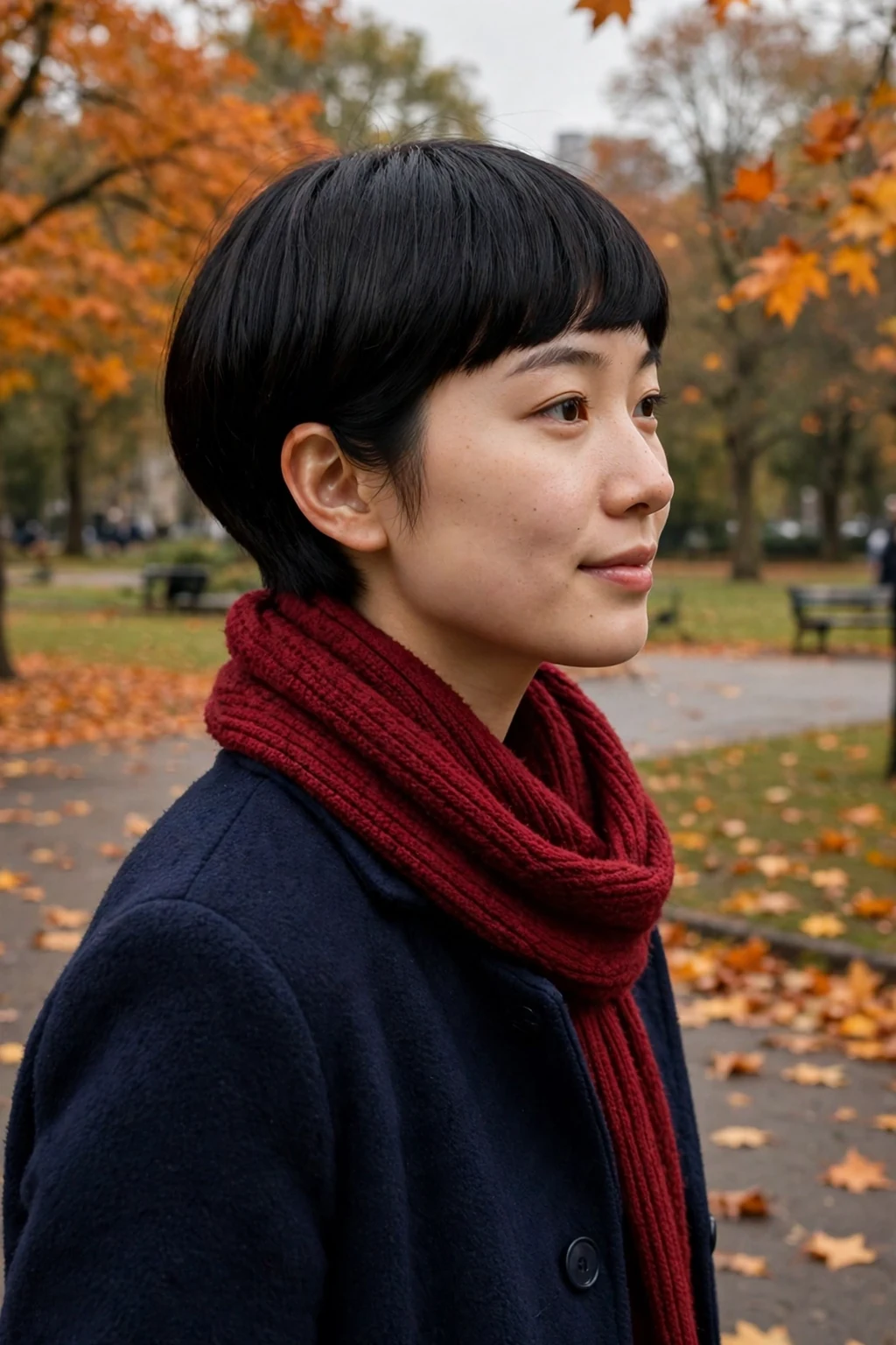 A young woman with a sleek bowl pixie haircut, a smooth rounded shape with a clean curved fringe.