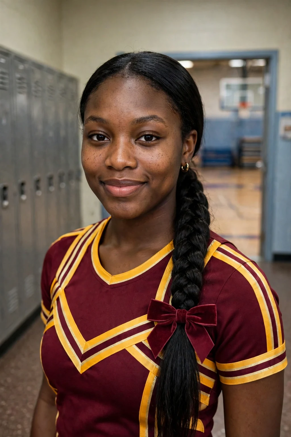 Young cheerleader with a sleek braided ponytail and a maroon bow, in a weight room hallway.