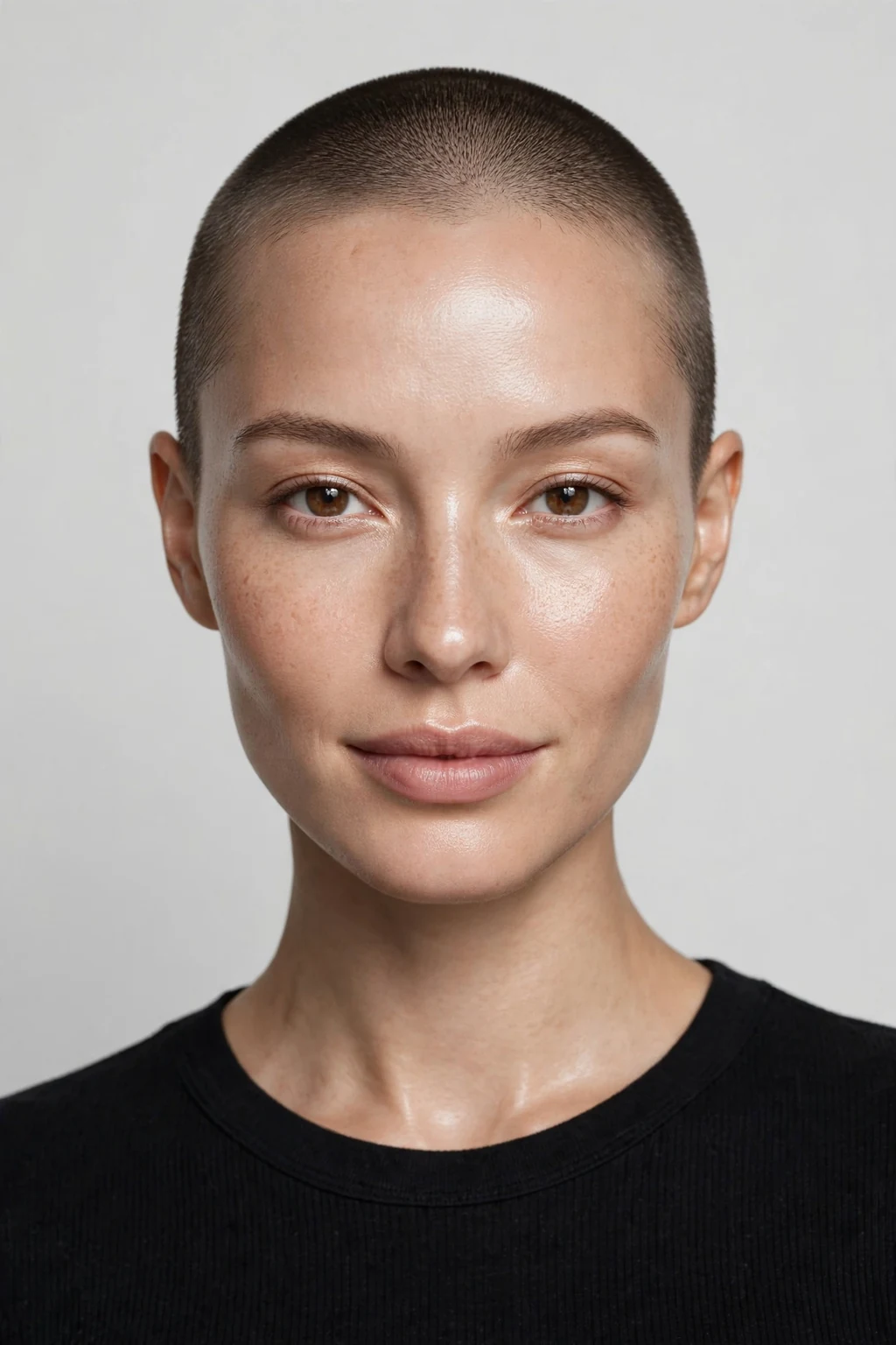 Woman with sleek buzz cut, polished smooth finish, glossy elegant light.