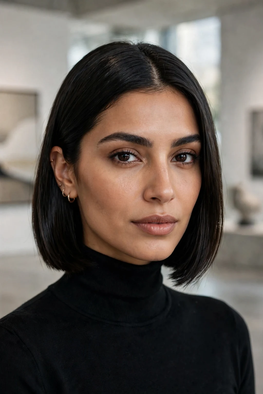 Beautiful woman with sleek center-part bob, precise center-part bob, modern light.