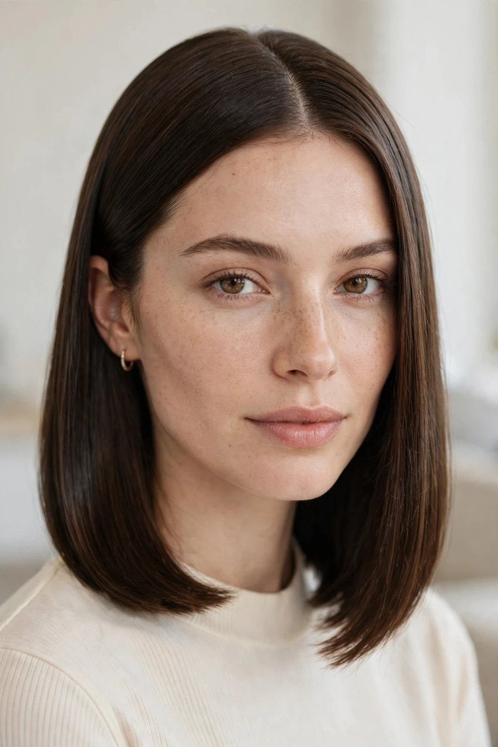 Woman with sleek center-part lob, symmetrical polished style, serene light.