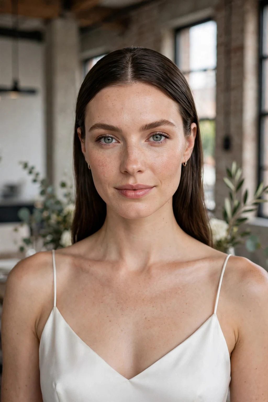 Beautiful bride with sleek center part, polished center-part, minimalist light.