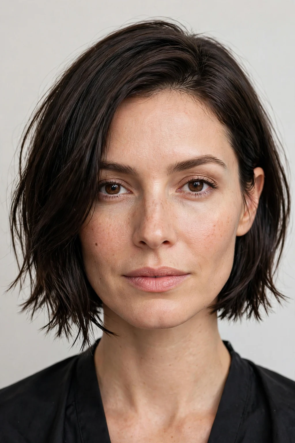 Woman with sleek choppy bob, smooth polished finish with piece-y ends, glossy lighting.