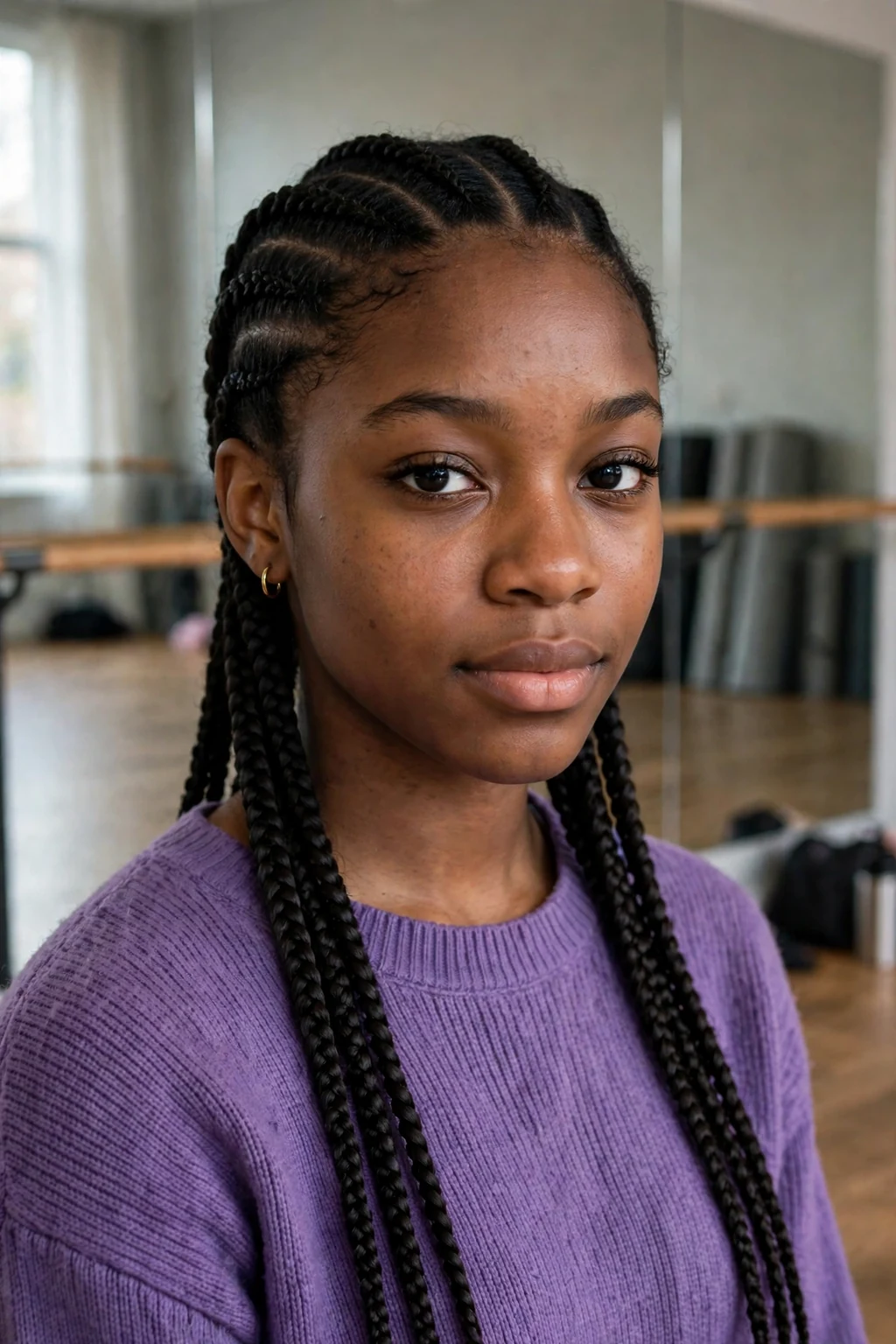 A young woman with sleek cornrows, wearing a purple sweater in a dance studio.