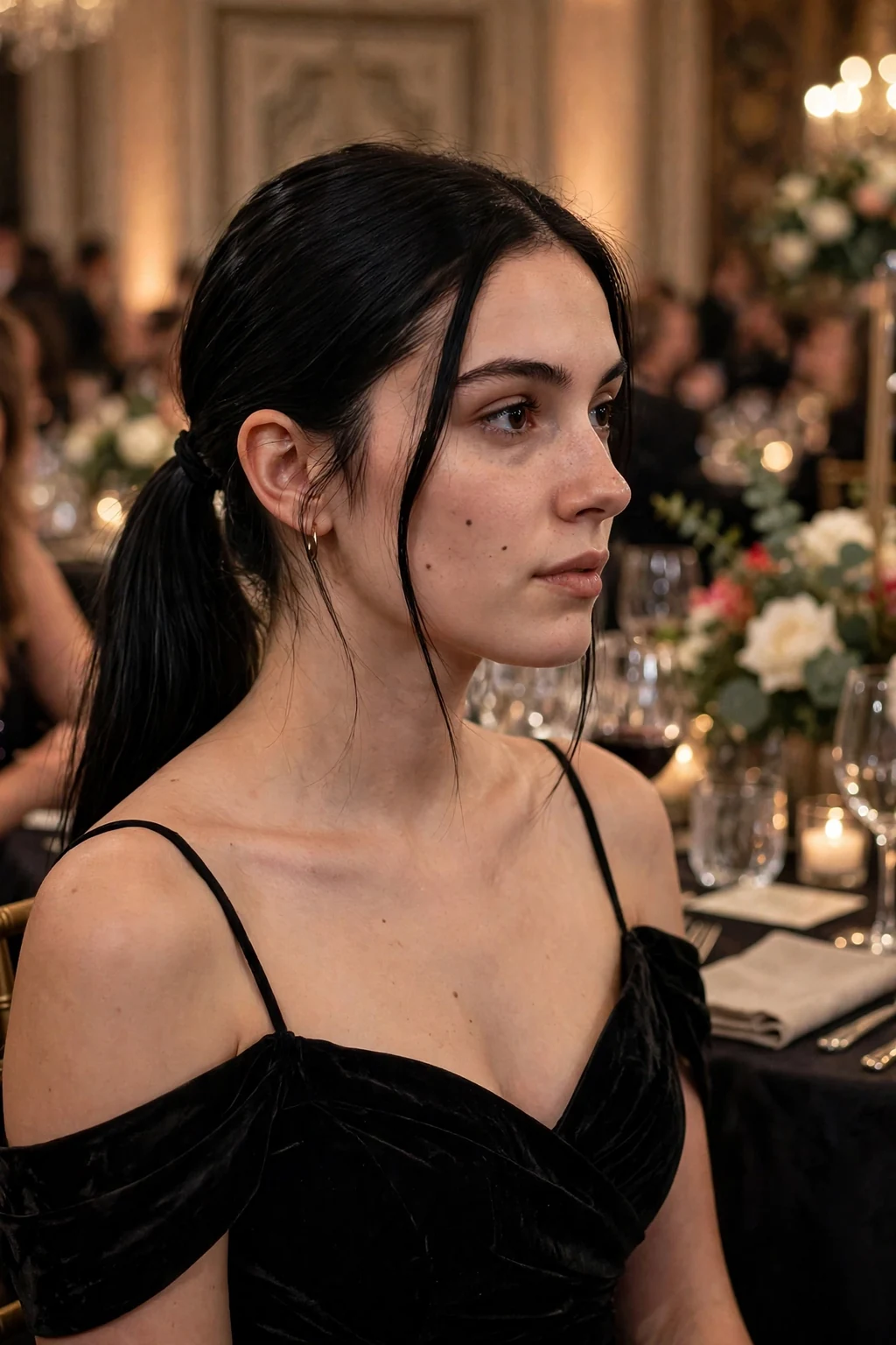 Young woman with a sleek cowgirl ponytail, wearing a black dress at a gala.