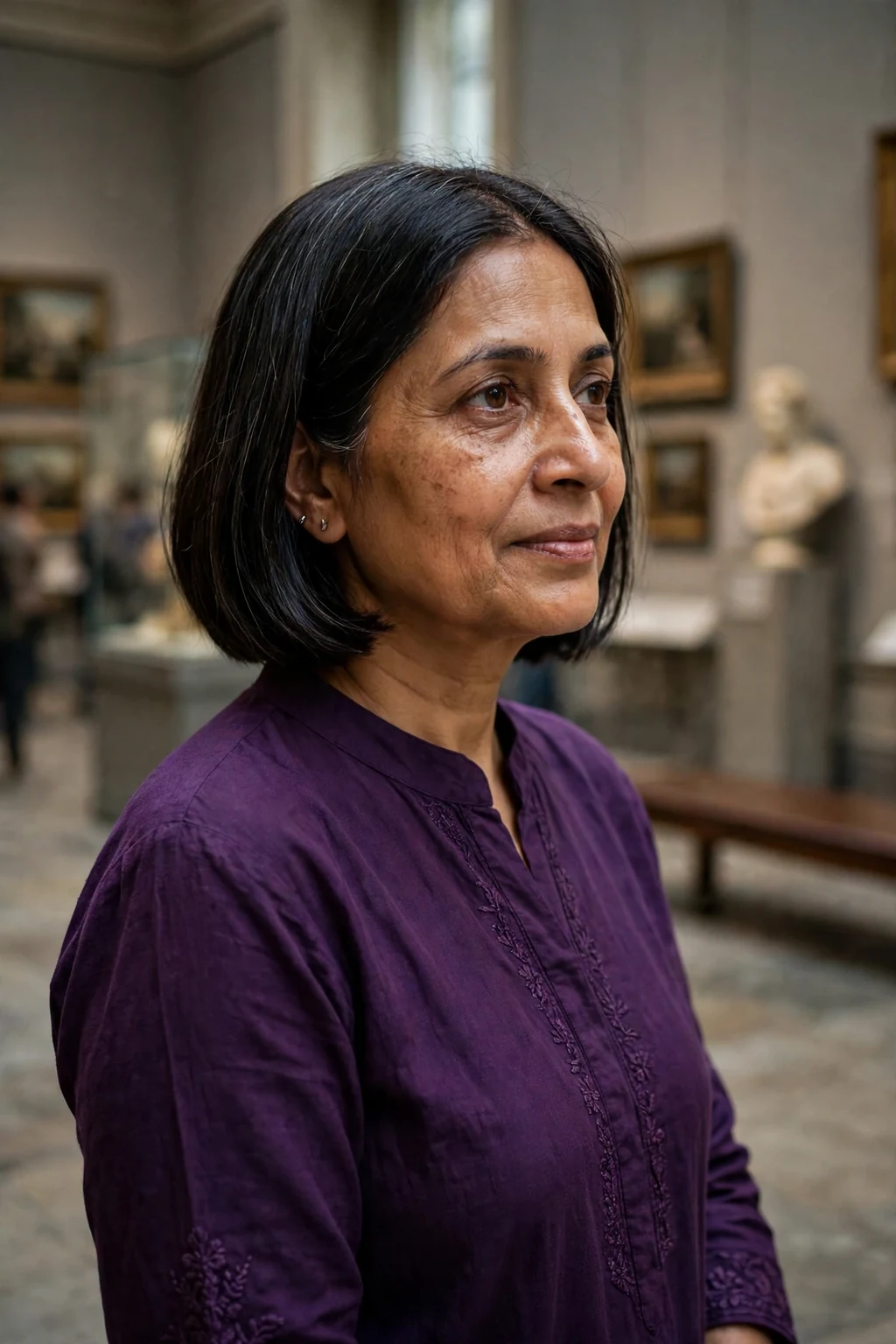 Mature woman over 50 with a sleek ear-length bob haircut for fine thin hair, styled and full of volume.