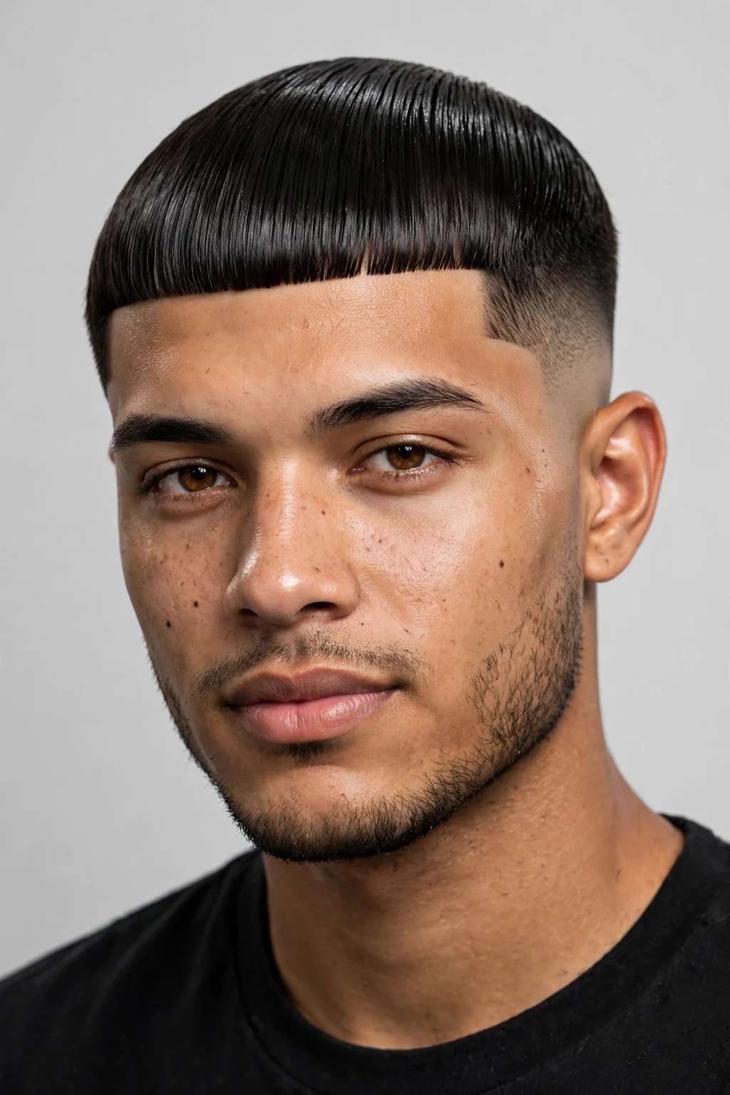 Man with sleek Edgar cut, polished smooth finish, glossy studio light.
