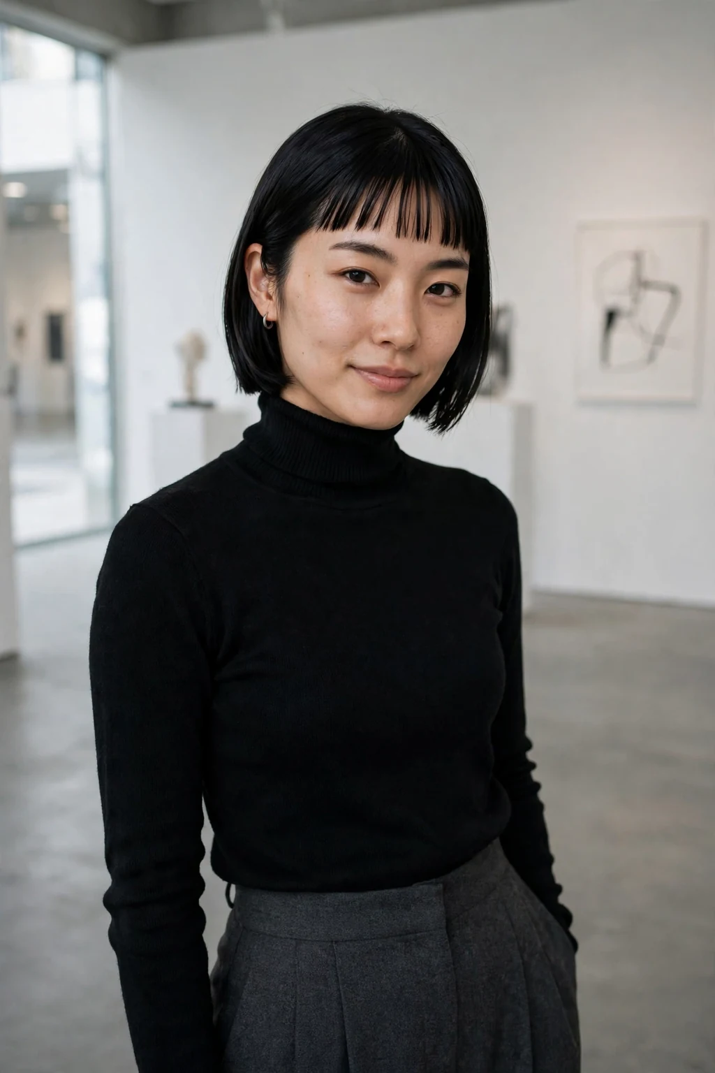 Young woman with a sleek glass bob with micro bangs hairstyle, liquid-smooth and intensely glossy.