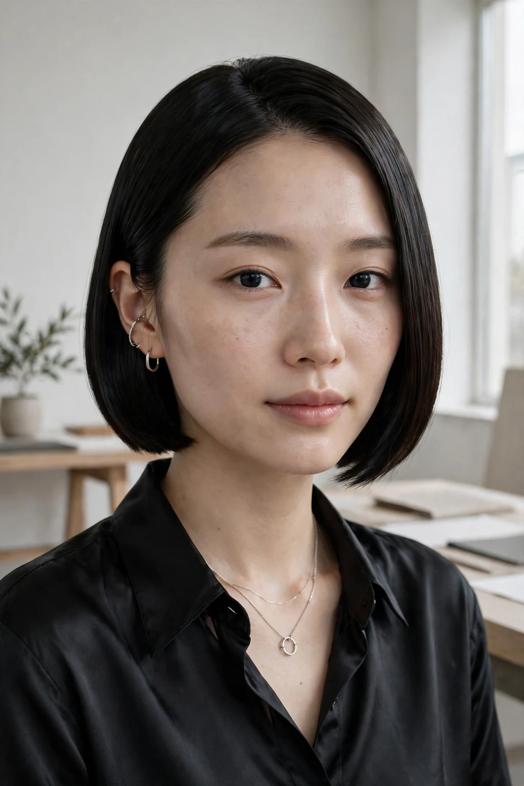 Young Japanese woman with a sleek glass bob in a design studio wearing black silk.