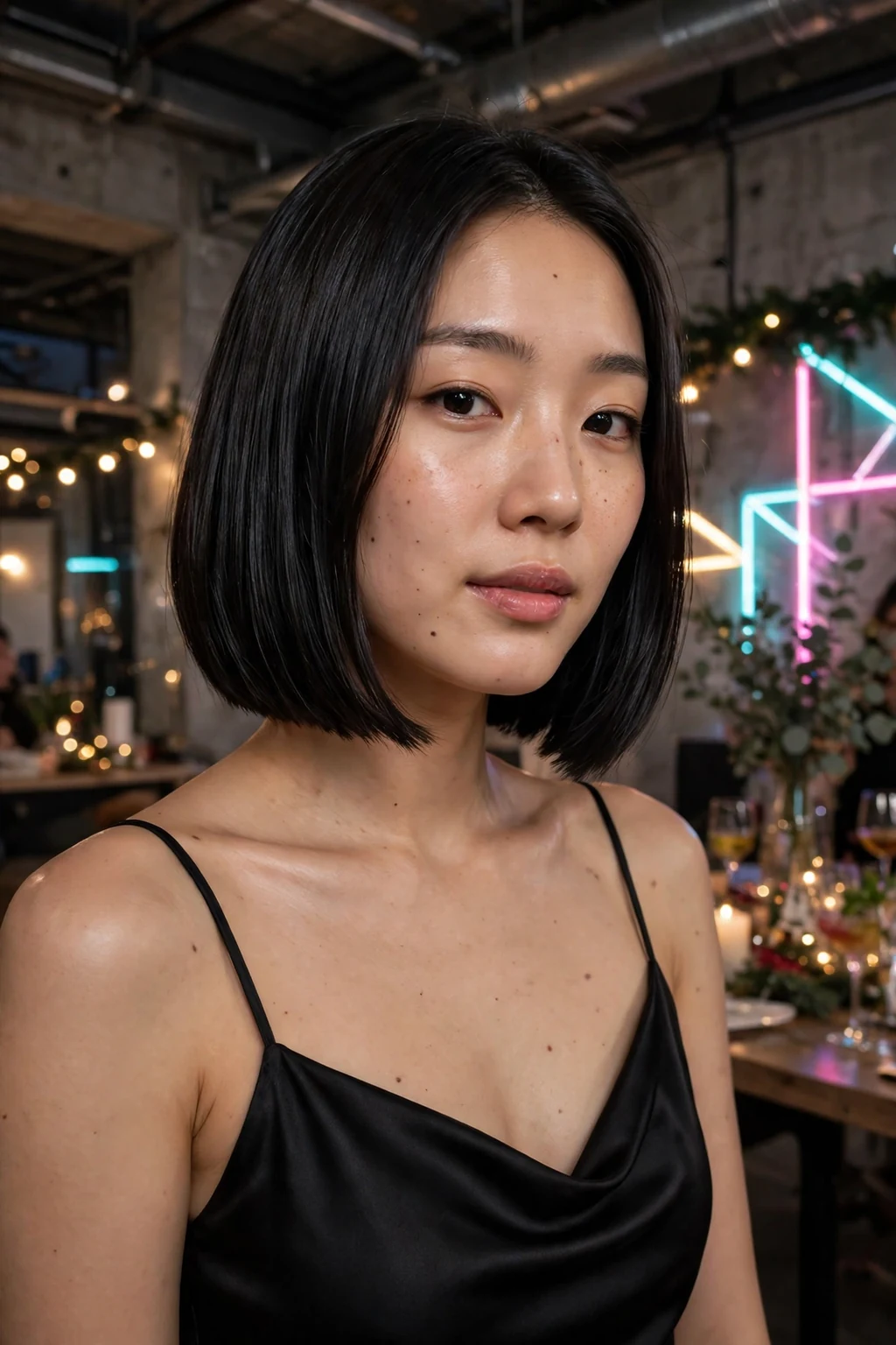 A young woman with a sleek glass hair bob at a modern holiday party, wearing a black satin slip dress.