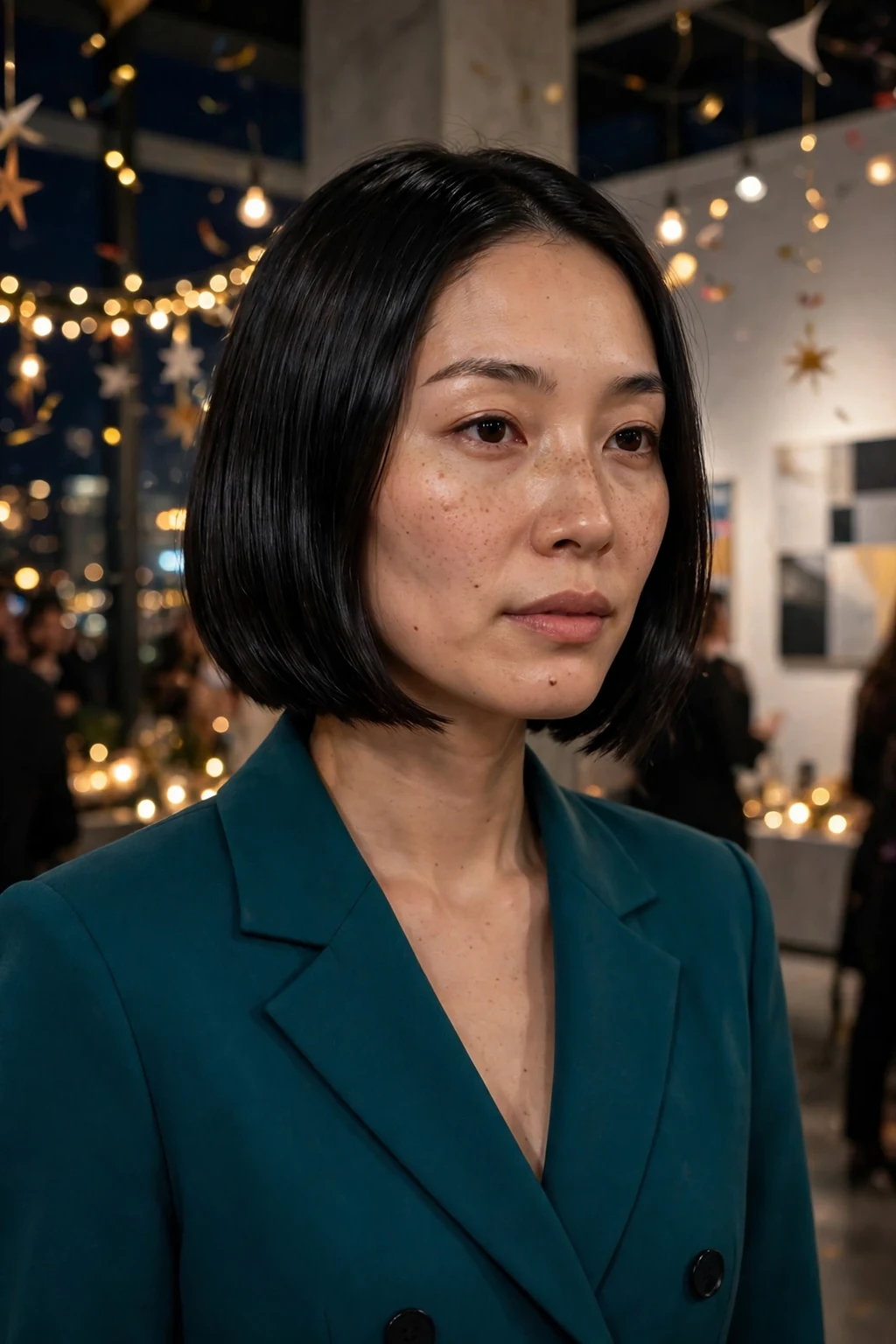 Young Japanese woman with a sleek glass hair bob wearing a teal blazer dress at a gallery party.