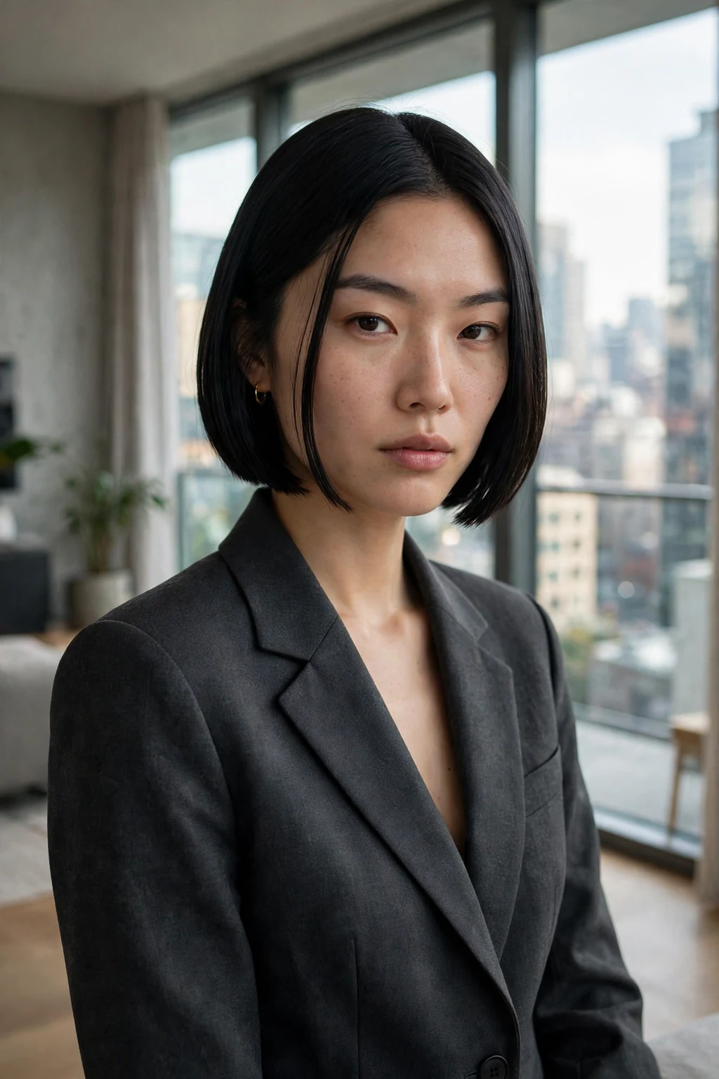 Young woman with a sleek glass-hair bob hairstyle in a city apartment.