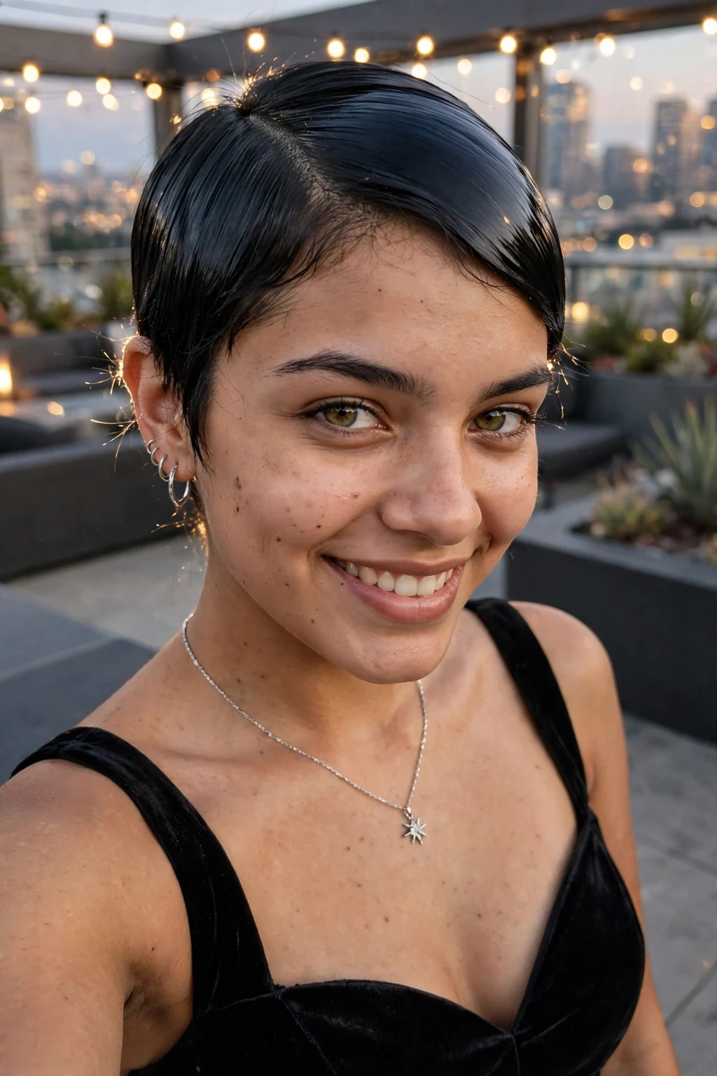 Young woman aged 18 to 20 with sleek glass-hair pixie hairstyle for prom, a rooftop lounge with fairy lights and city views.