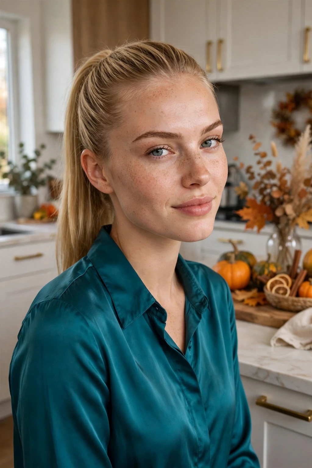 Young woman with a sleek high ponytail hairstyle in a modern kitchen.