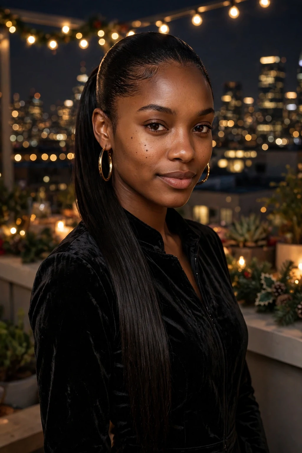 A young woman with a sleek high ponytail at a festive party, wearing a black velvet jumpsuit.