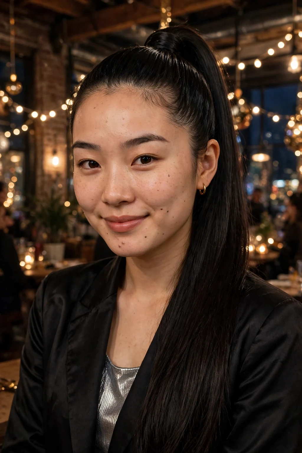 Young East Asian woman with a sleek high ponytail wearing a black satin blazer at a loft party.