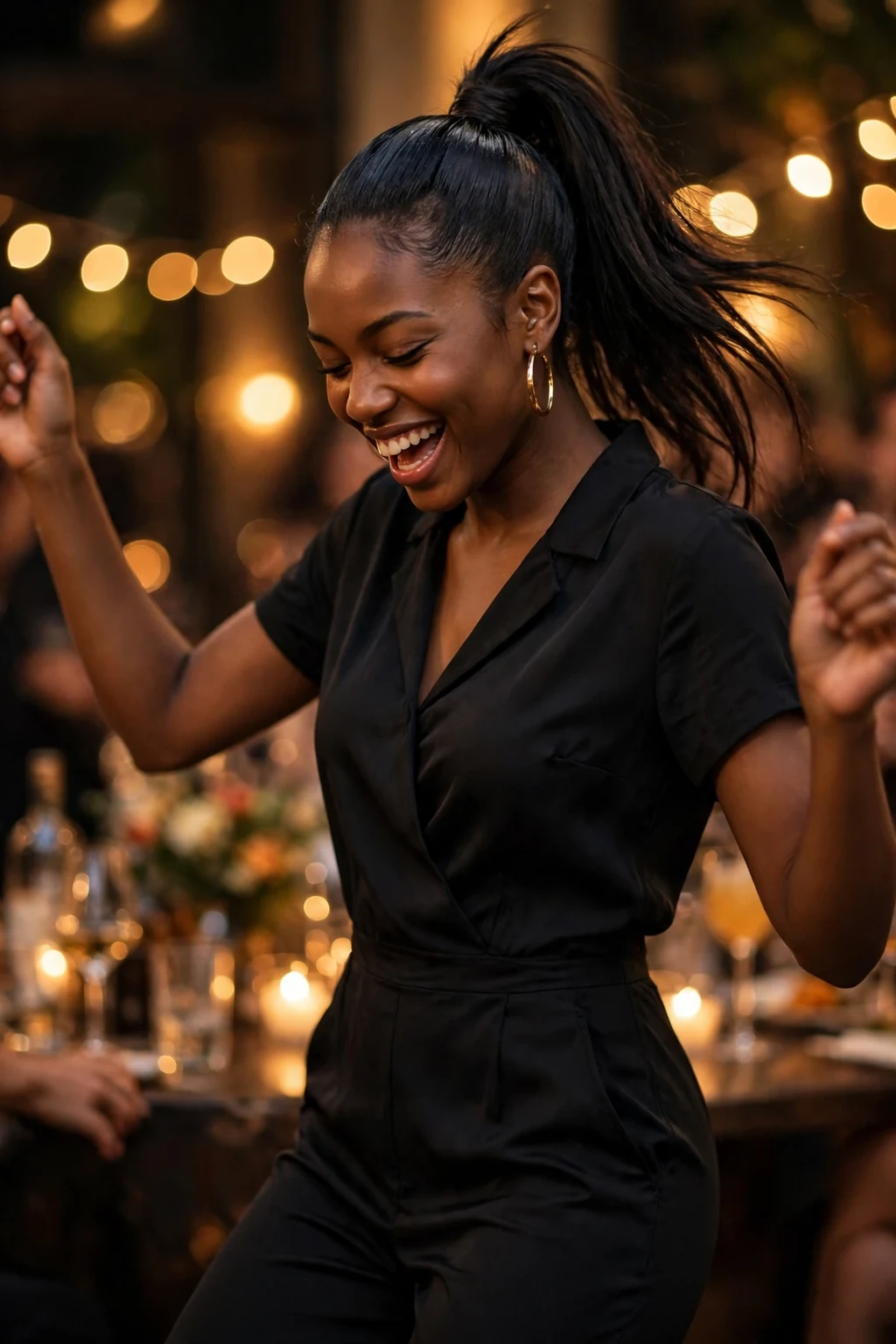 Young woman with a sleek high ponytail at a cocktail party, wearing a black jumpsuit.
