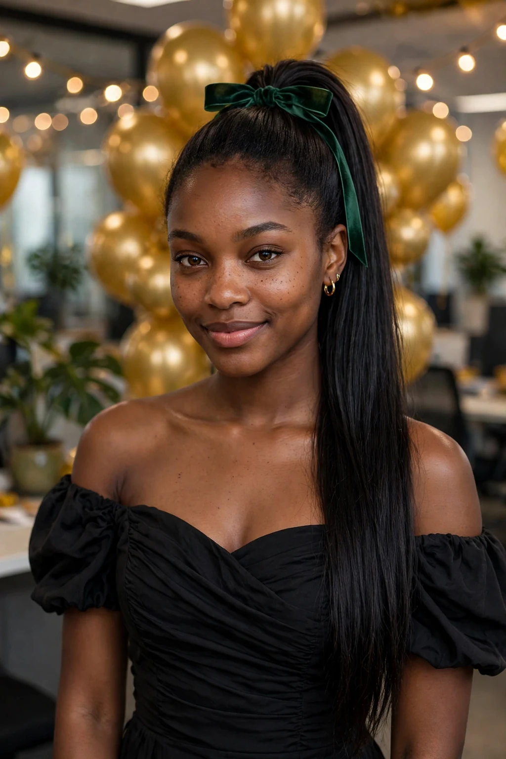 Young woman with a sleek high ponytail tied with a velvet ribbon, wearing a black party dress.