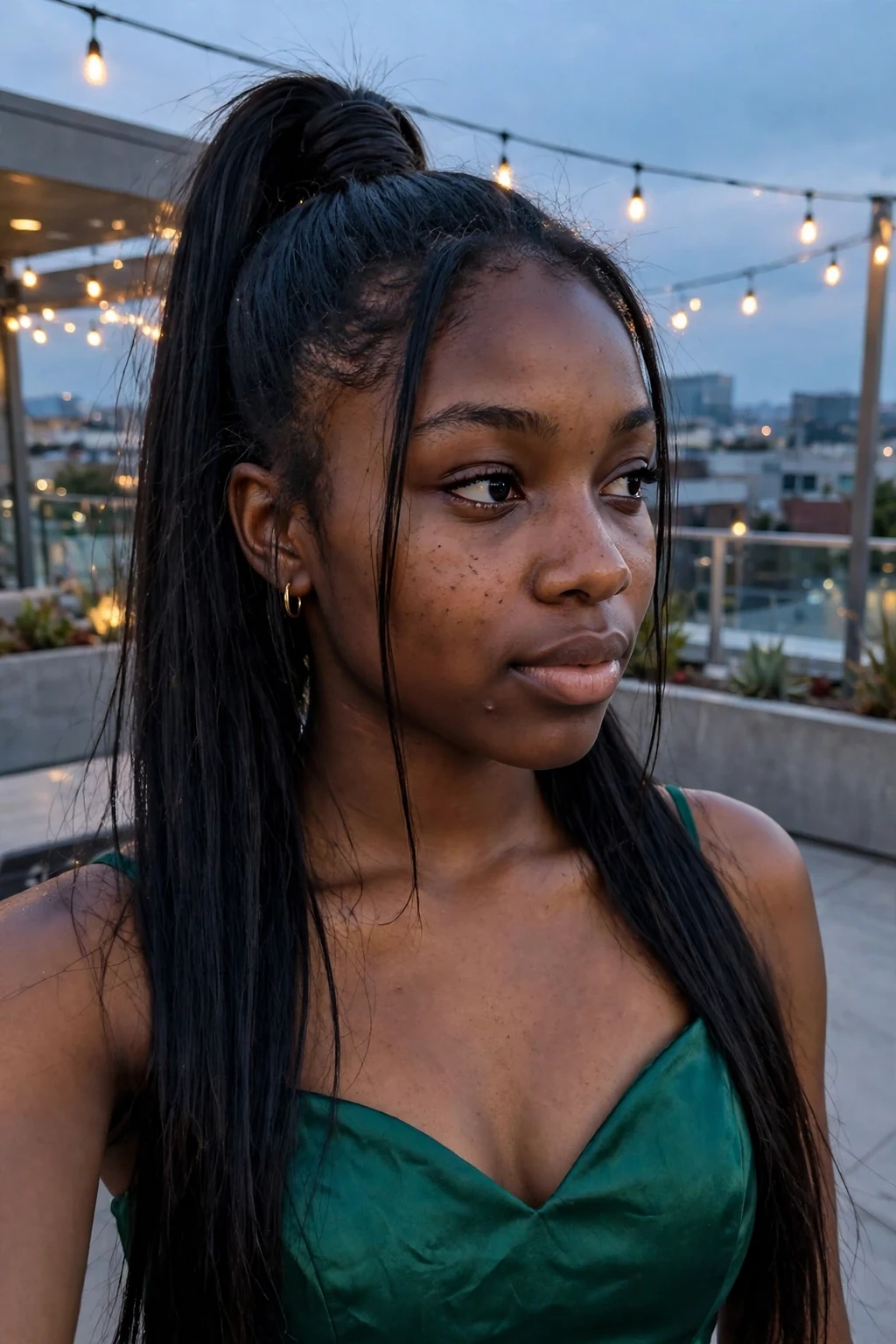 A young woman with long hair pulled into a sleek high ponytail with a wrapped base.