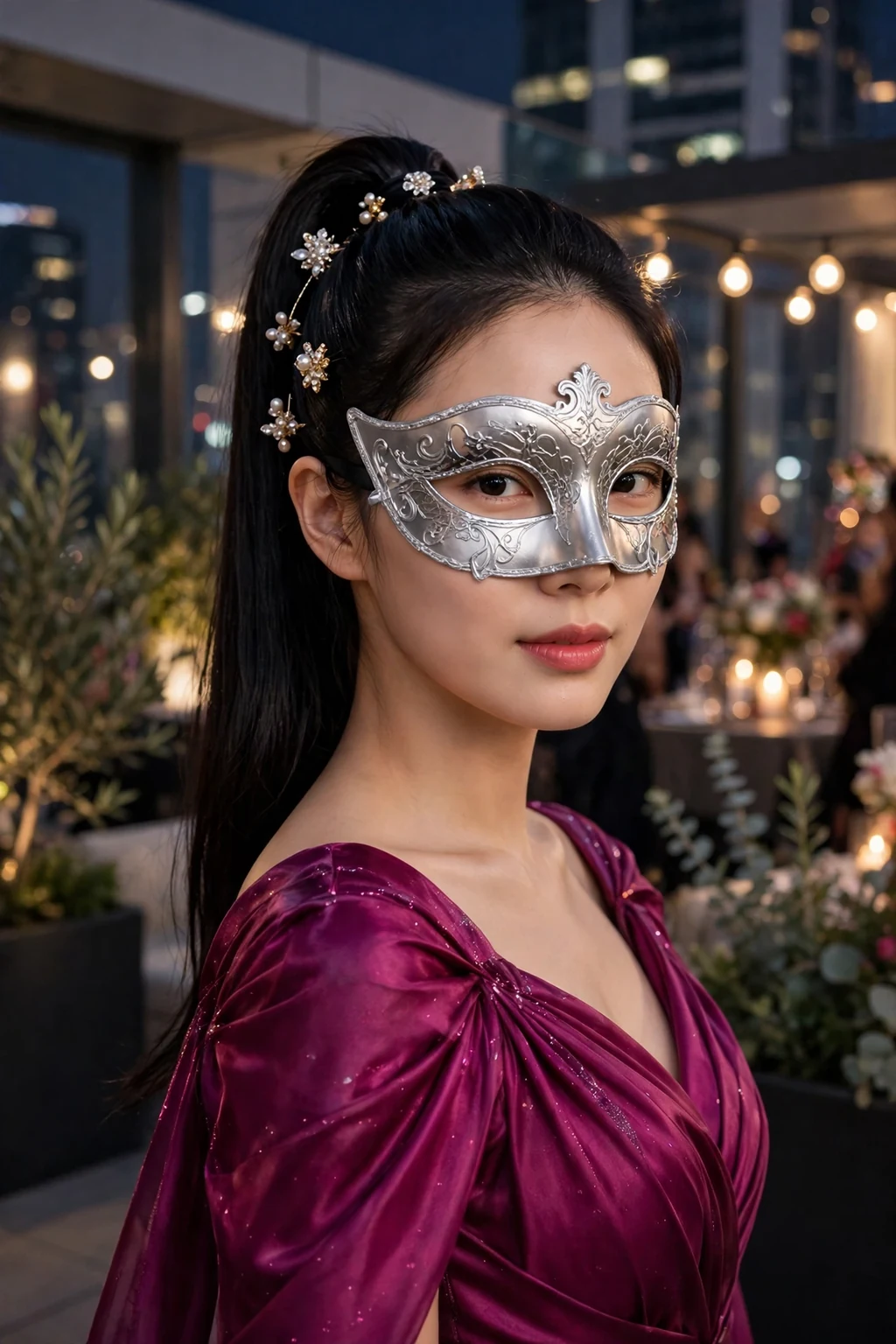 Young woman with a sleek high ponytail with jewels and a masquerade mask.