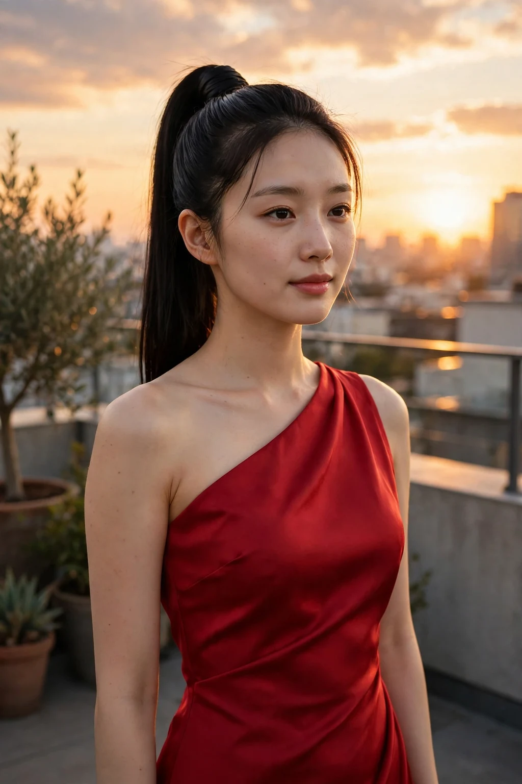Young woman with a sleek high ponytail with wrapped base at a wedding, wearing a scarlet red dress.