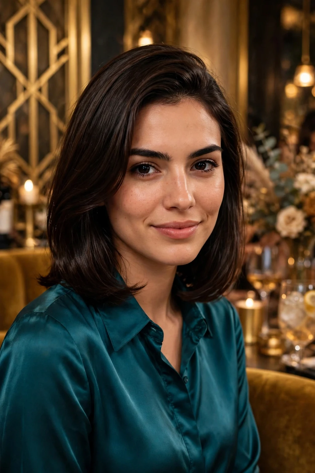 Young woman with a sleek holiday blowout, wearing a teal satin blouse at a chic cocktail party.