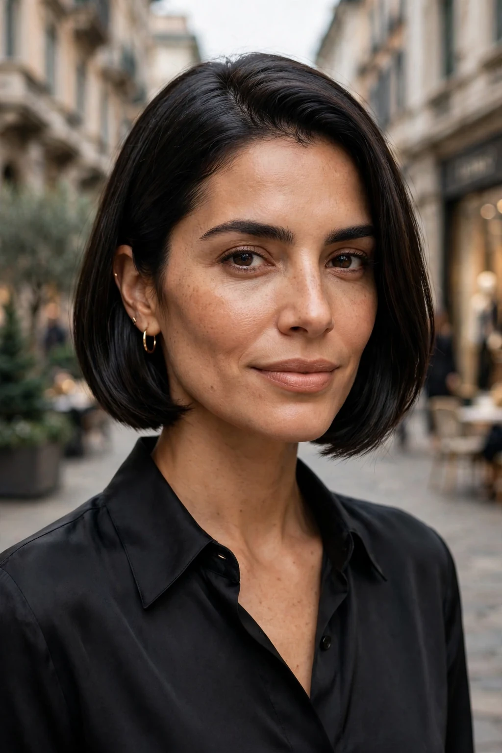 Beautiful woman with sleek Italian bob, polished Italian bob, sophisticated light.