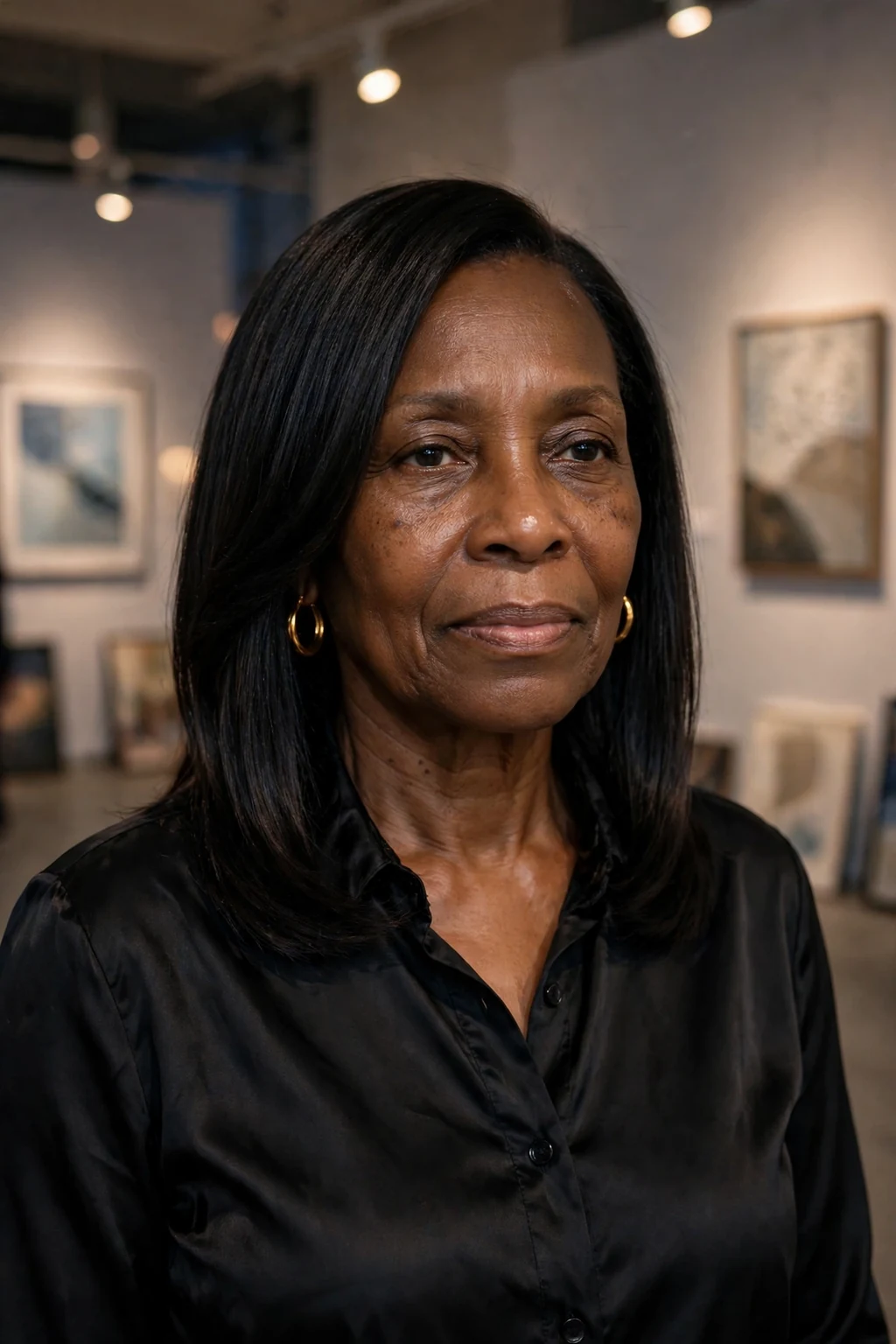 Mature Black woman around sixty with a sleek layered haircut, wearing a black satin blouse and gold earrings in an art gallery.
