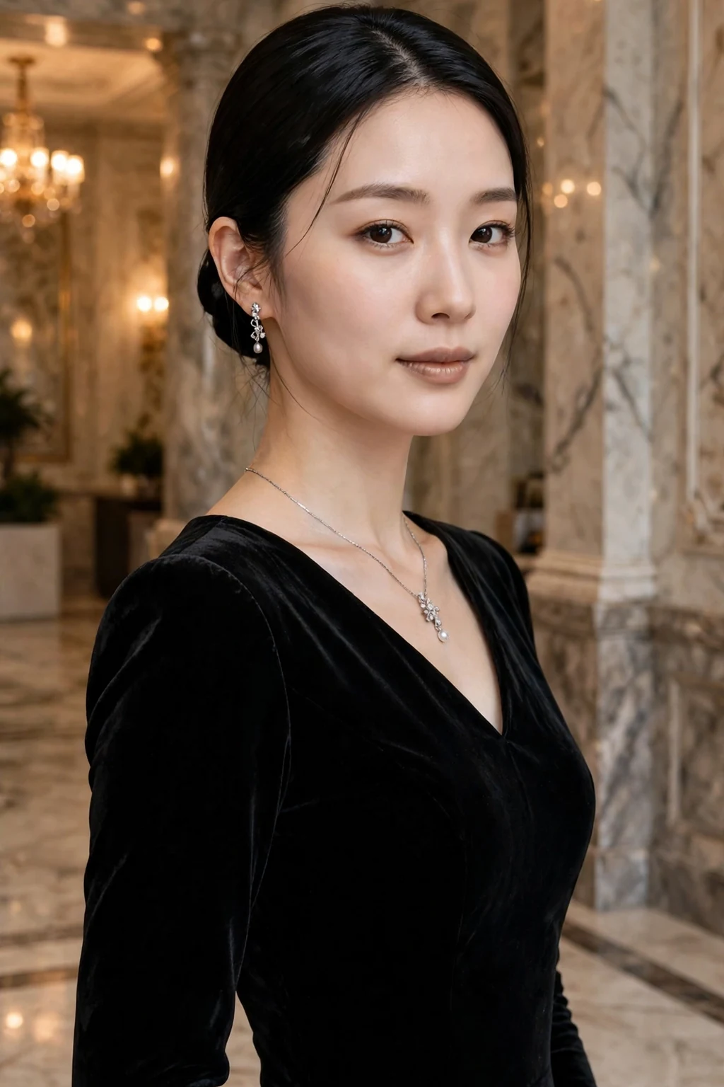 Young woman with a sleek low bun with a center part at a winter gala.
