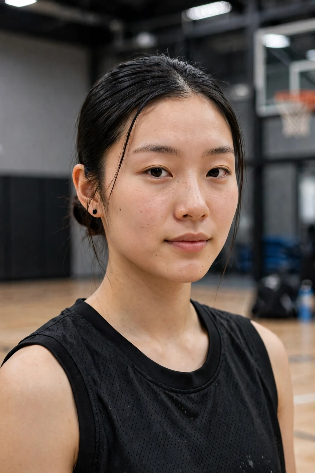 Young woman athlete with a sleek low bun in a gym, wearing a black jersey.