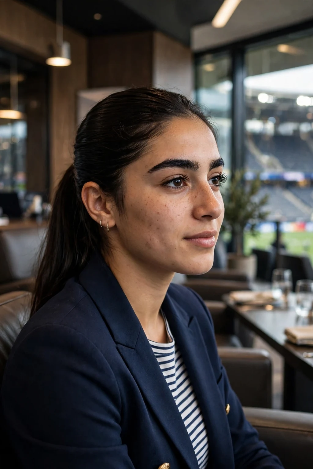 Young woman in a stadium suite wearing a blazer with a sleek low ponytail.