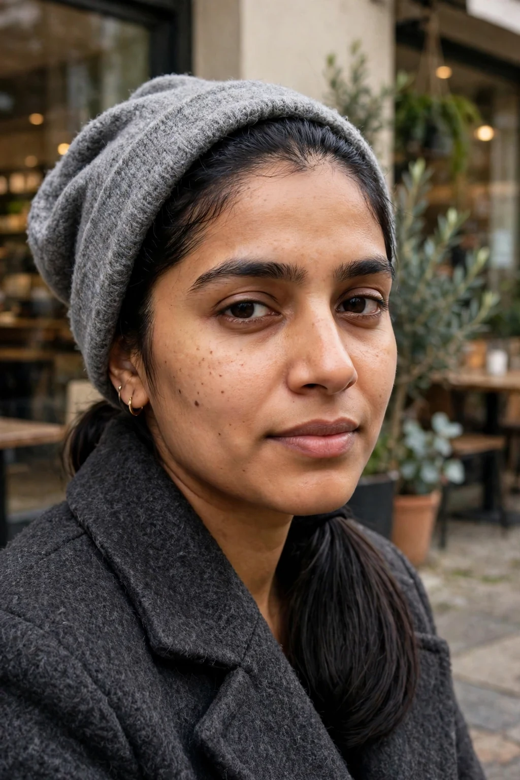 Young woman with a sleek low ponytail under a slouchy beanie, wearing a charcoal coat outside a cozy cafe.