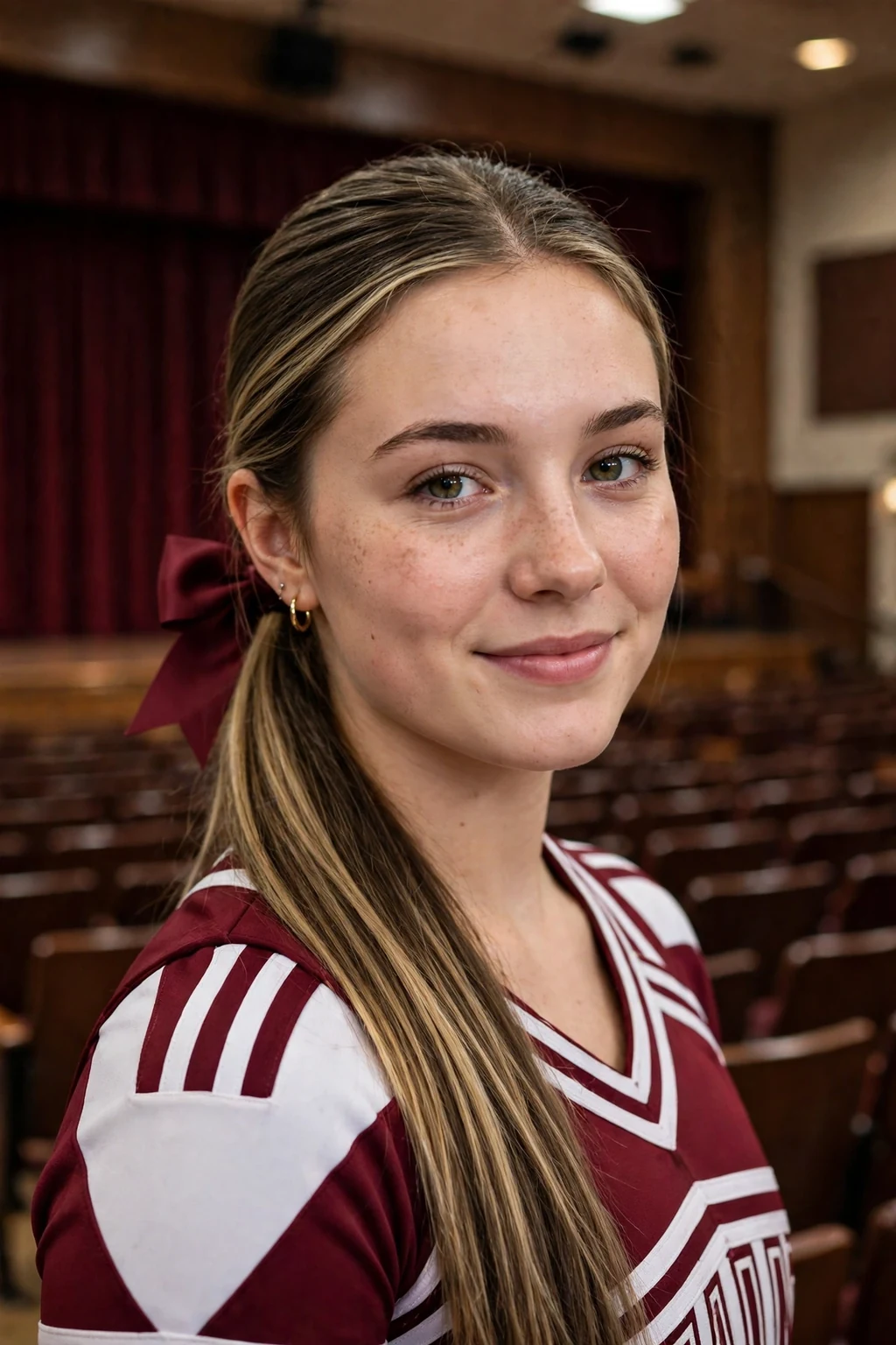 Young cheerleader with a sleek low ponytail and a burgundy bow, standing in a school auditorium.