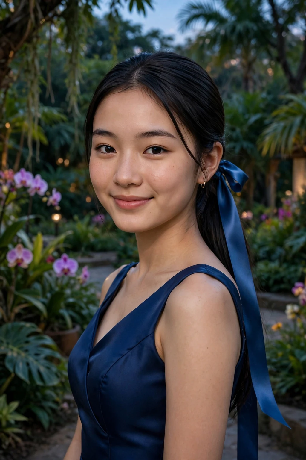 Young woman aged 19 with sleek low ponytail with ribbon prom hairstyle for medium length hair, elegant formal look.