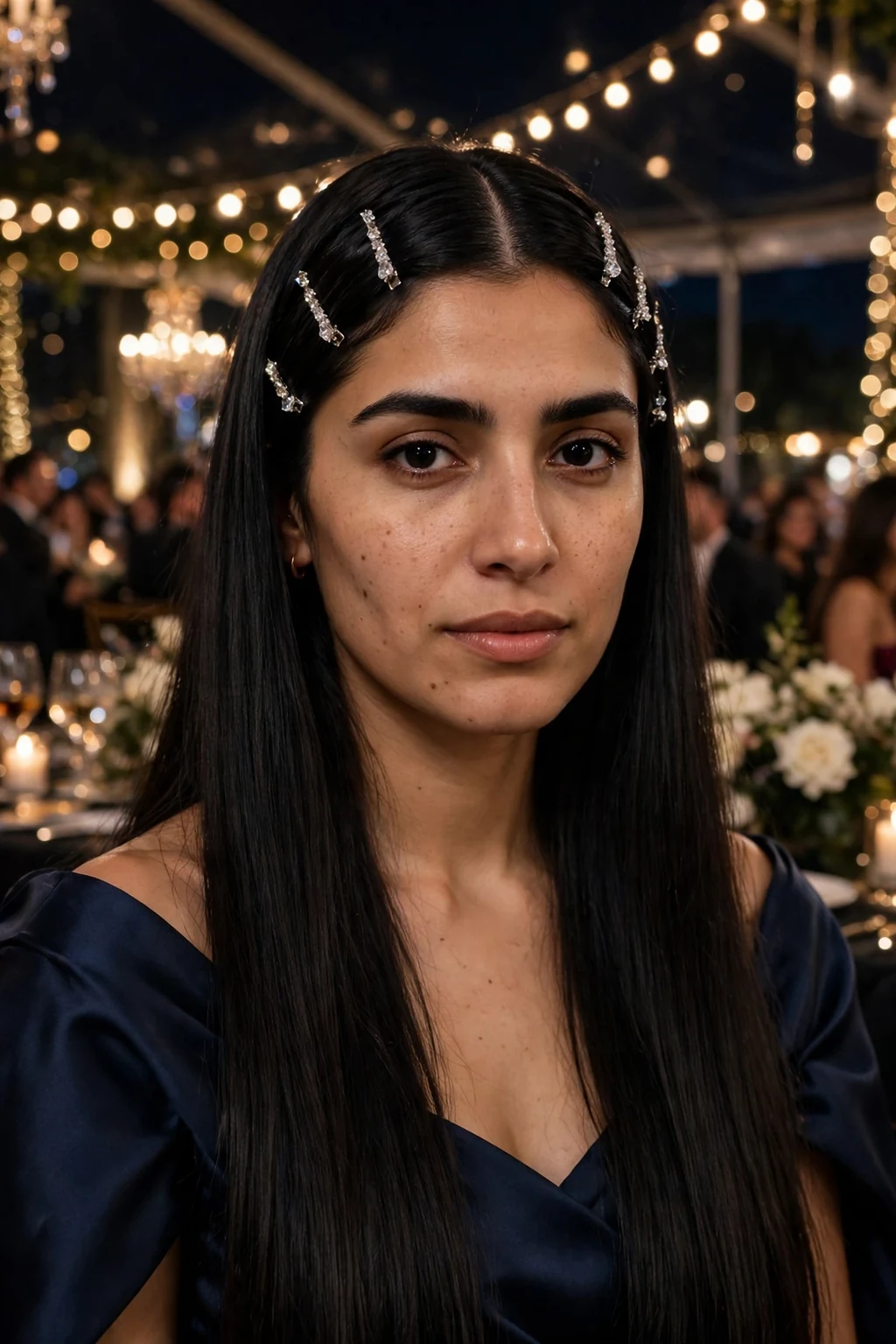 Young Middle Eastern woman with a sleek middle part and crystal clips wearing a midnight-blue gown at a gala.