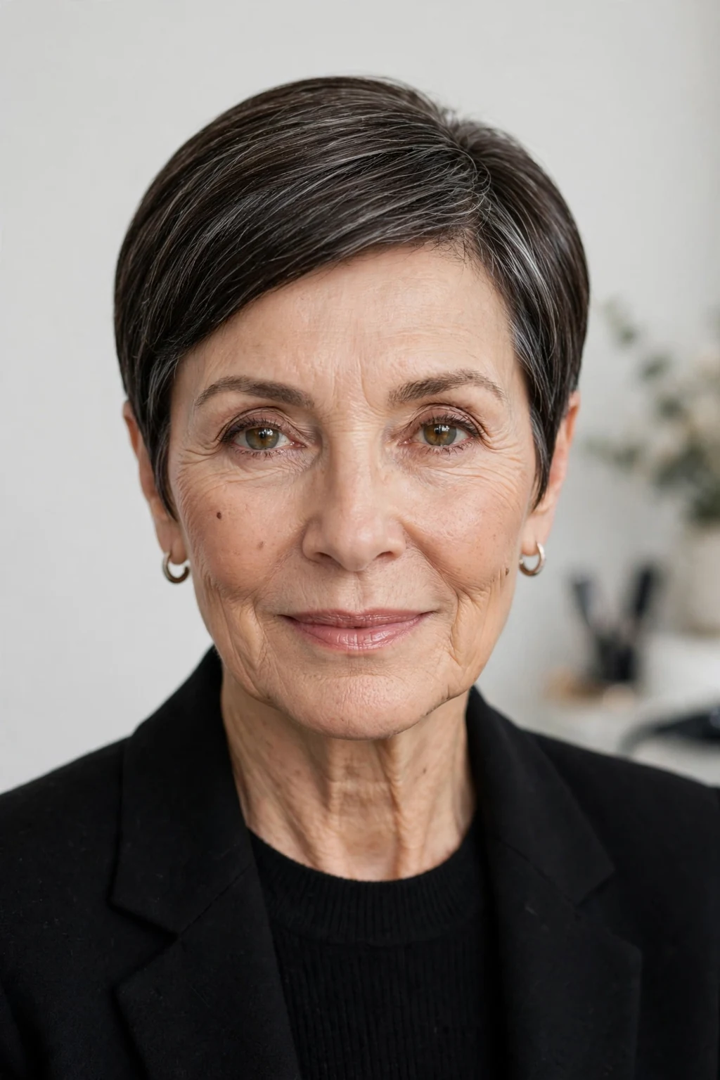 Elegant woman over 50 with sleek pixie, polished smooth finish, refined light.