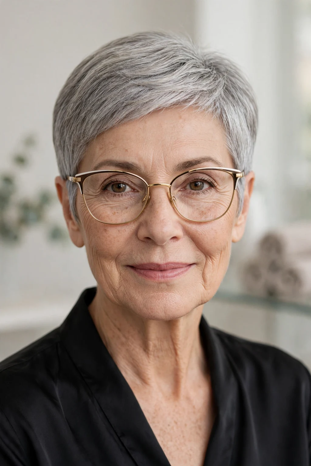 Elegant woman over 60 with glasses and sleek pixie, polished smooth finish, refined light.
